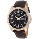Mens Citizen Eco Drive WR100 Watch in Stainless Steel with Rose Gold with Brown Leather Strap (BM8493-08E)