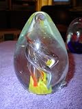 EGG SHAPED GLASS WITH INTERNAL RAINBOW BLOWN GLASS PAPER WEIGHT
