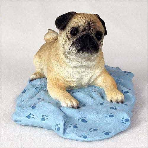 PUG Dog Fawn Lays on Blue Blanket FIGURINE Resin DFL18A