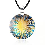 Chuvora Hand Blown Venetian Murano Glass Pendant Necklace Blue with Yellow Flower