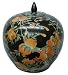 Round Oriental Melon Jar - Hand Painted Porcelain, Pomegranate Tree, Black Background