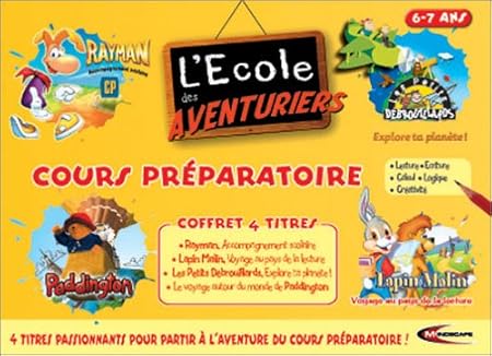 L'Ecole des Aventuriers CP, 4 titres : Rayman : Accompagnement scolaire CP / Les Petits Débrouillards / Le Voyage autour du Monde de Paddington / Lapin Malin : Voyage au Pays de la Lecture