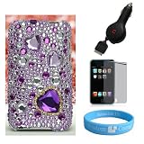 Big Diamond Purple Heart Rhinestones Back Cover for IPod Touch 2g 3g + Mirrorr Screen Protector + Retractable Car Charger + Wristband