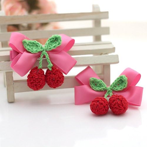 Cici Girl 2pc Grosgrain Ribbon with Wool Cherry Bows Hair Clips Pins Set