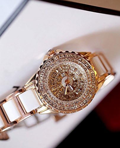 Angcoco® Womens Fashion Crystals Plated Dial Ceramic Band Fancy Quartz Wrist Watch Rose Gold-Tone