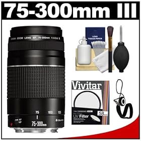 Canon EF 75-300mm f/4-5.6 III Lens + 58mm UV Glass Filter + CapKeeper Lens Cap Strap + Cleaning Kit for Rebel XS, XSi, T1i, T2i, T3, T3i EOS 40D, 50D, 60D, 7D Digital SLR Cameras