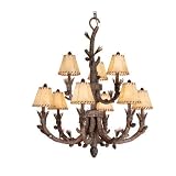 Aspen - 9 Light UpLight Rustic Chandelier Lighting Fixture - Pine Tree - Brushed Amber Glass - B2696