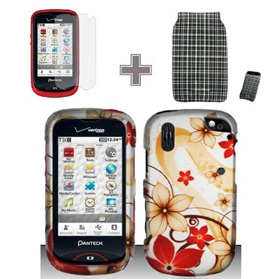 [3in1 Bundle- Case + Screen Protector Film + Bag] Rubberized Gold Red Flower Snap on Design Case Hard Case Skin Cover Faceplate for Pantech Hotshot 8992 (Verizon)
