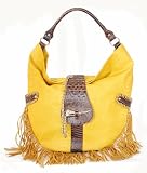 Yellow Leather Handbag - Snake Animal Print Hobo with Fringe