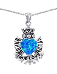 Genuine TRUE LOVE (tm) 925 Silver Created Blue Opal Heart With Crown and Angel Wings Pendant