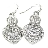 Beautiful Love Heart Crown Crystal Charm Hook Earrings Silver Tone