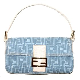 Fendi Distressed Light Blue Denim and Peach Leather Baguette 8BR000-UCD-F0PD3