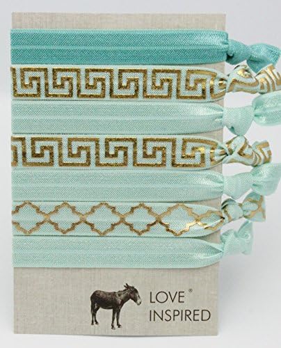 Elastic Knotted Ponytail Holders Hair Ties Ribbon Twist Bands Accessories Aqua and Gold Greek Egyptian Pattern with Solids By Love Inspired Me