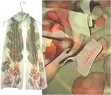 ULRIKE Long Slim Chiffon Silk Scarf - Soft reds from tobasco to rosy and soft greens from olives to spring on a long ombre of the palest greens down to a taupe.