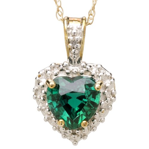 10k Yellow Gold Heart Shaped Lab-Created Emerald and Diamond Pendant