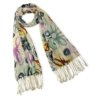 100% Pashmina Cashmere Multicolor Carefree Flowers And Dewdrop Tassels Ends Long Scarf Shawl