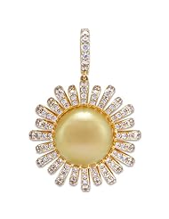 South Sea Golden Pearl Pendant with Diamonds in 14K Yellow Gold (13-14mm)