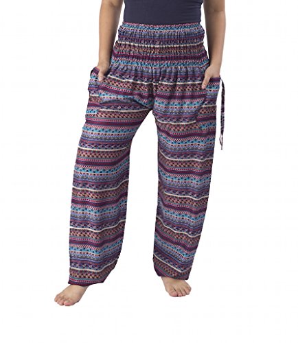 Lannaclothesdesign Women's Smocked Paisley Muang Style Handmade Yoga Harem Pants
