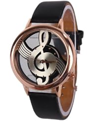 Geekbuying Stylish Musical Note Pattern Gold Round Dial Womens Wrist Watch (Black)