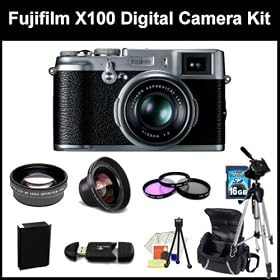 Fujifilm X100 Digital Camera Kit. - 16128244 - Package Includes the Fuji X100, 0.45X Wide Angel Lens, 2X Telephoto Lens, 3 Piece Filter Kit(UV-CPl-FLD), 16GB Memory Card, Memory card Reader, Extended Life Replacement Battery, 67 Tripod, Table Top Tripod, LCD Screen Protectors, Cleaning Kit & Large 