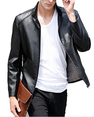 LaiGouMai Men's Stand Collar Faux-Leather Motorcycle Rider Jacket Black M
