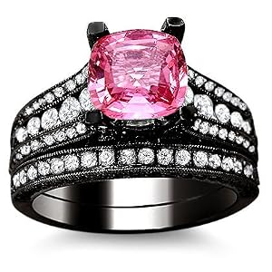 3.10ct Pink Sapphire Diamond Engagement Ring Bridal Set 18K Black Gold
