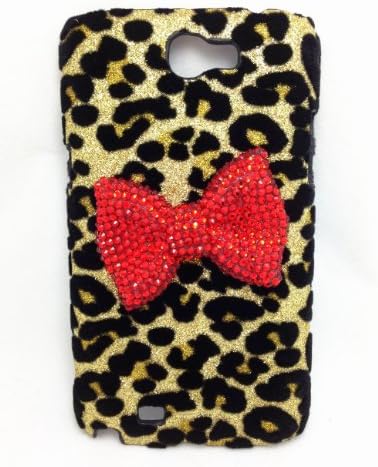 New Design 3d Red Crystal Rhinestone Bow Luxury Golden Leopard Handmade Case Cover for Samsung Galaxy Note 2 N7100 (Leopard Red Bow)