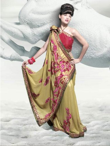 Indian Traditional Beige Shimmer Georgette Wrap Dress Saree Sari with Unstitched Blouse