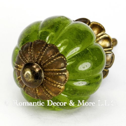 Green Peridot Glass Cabinet Knobs, Kitchen Drawer Pulls & Handle Set/2pc ~ K185FF Vintage Style Pumpkin Shaped Glass Knobs with Florentine Hardware, for Dresser, Drawers, Cabinets & Vanity