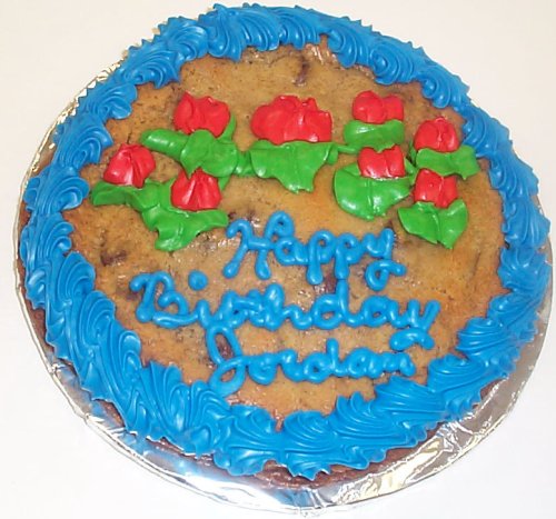 Chocolate Chip Cookie Cake 1lb. 8 Blue Trim and Red Flowers by Scott's Cakes