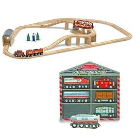Melissa & Doug Swivel Bridge Train Set and 8 Piece Wooden Train Cars Set Bundle