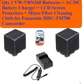 Deluxe Package Includes- Qty 2 Vw-vbn260 Replacement Batteries + Ac/dc Battery Charger + LCD Screen Protectors + Micro Fiber Cleaning Cloth for Panasonic Hdc-tm700 Camcorder