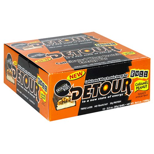 Detour Buzz Caffeinated Whey Protein Energy Bar, Caramel Peanut, 3 Ounces (Pack of 12) by Caramels