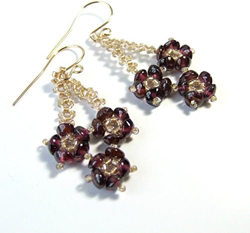 Genuine Garnet Red and Golden Flower Earrings - 12k Gold Filled Earwires, January Birthstone Jewelry