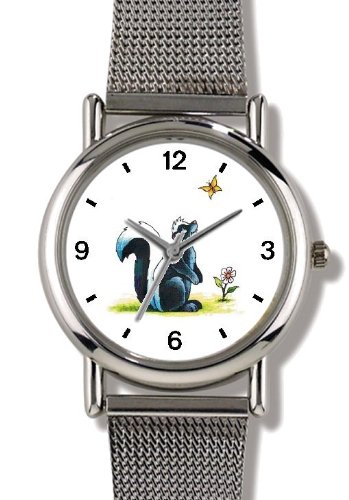 Skunk, Butterfly & Flower Cartoon - JP Animal - WATCHBUDDY® ELITE Chrome-Plated Metal Alloy Watch with Metal Mesh Strap-Size-Small ( Standard Women's Size )