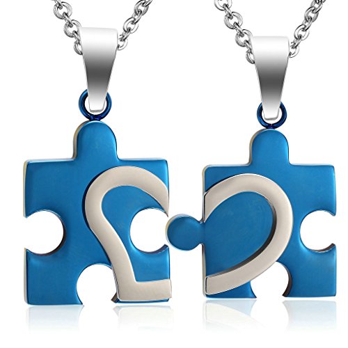 Women Men Love Puzzle Convex Heart Stainless Steel Pendant Necklace Blue Aooaz Jewelry