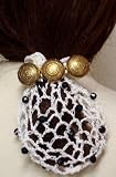 Hand Crocheted White Rayon Cotton Gimp Small Dress Snood Trimmed with Black Beads Mounted on French Barrette with Three Antique Gold Buttons