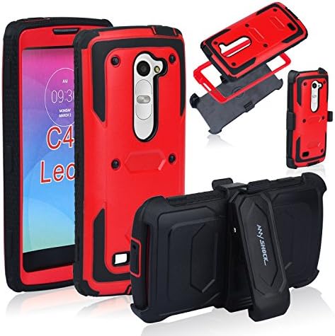 Anyshock[Armor Series] Heavy Duty Shockproof Durable Full Body Protection Rigged Hybrid Case with Belt Clip Holster and Kickstand for LG Leon C40 (Free Screen Protector Included) (Red)