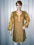 IMAGE OF Buff Yellow Cotton Kurti Tunic with Floral Embroidery Indian Small Size