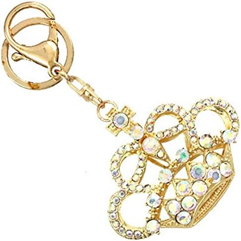 Big Royal Crown Key Ring BW Aurora Borealis Crystal Gold Tone