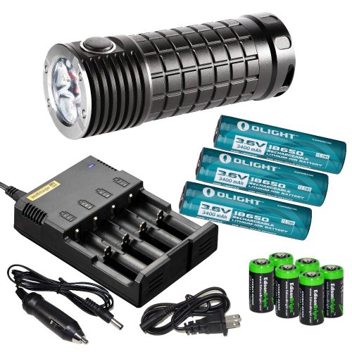 Olight SR MINI Intimidator 2800 Lumen Cree XM-L2 LED diffused Flashlight, Nitecore i4 home/car intelligent Charger, three Olight 18650 3400mAh Li-ion rechargeable batteries and six EdisonBright CR123A Lithium Batteries bundle