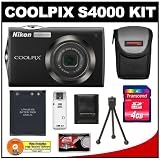 Nikon Coolpix S4000 12 MP Digital Camera with 4x Optical Zoom (Black) with 4GB Card + Battery + Case + Accessory Kit