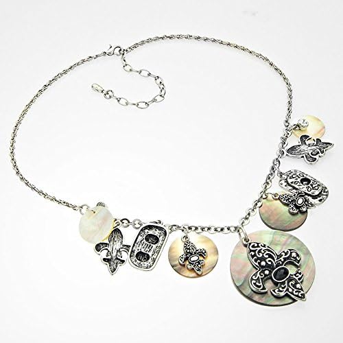 Antique Finish Art Nouveau Paua Abalone Shell New Orleans Fleur De Lis Black Enamel Jeweled Bib Necklace