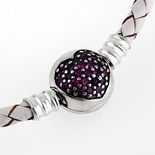 Hoobeads Jewelry 925 Sterling Silver Heart with Cz Stone Clasp Leather Bracelet Fits Pandora Charms Bracelet (17.3 inches)