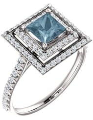 18K White Gold Princess Cut Blue and White Diamond Double-Halo Ring -- LIFETIME WARRANTY
