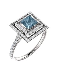 10K White Gold Princess Cut Blue and White Diamond Double-Halo Ring -- LIFETIME WARRANTY