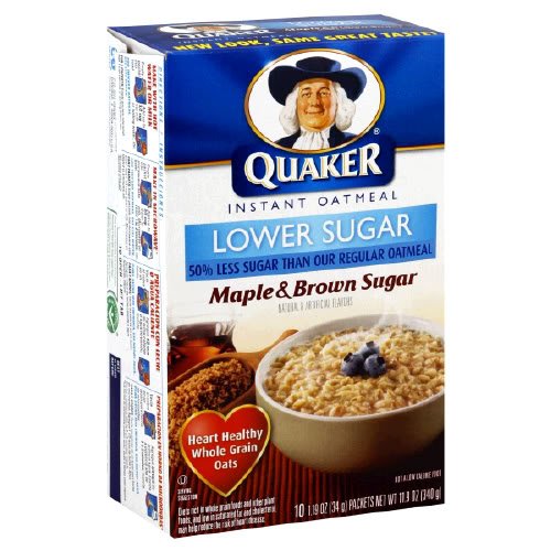 Quaker Instant Oatmeal Lower Sugar Maple & Brown Sugar, 10-Count Box (Pack of 6)