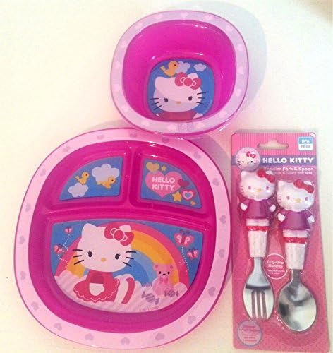 Sanio Hello Kitty Toddler Plate Bowl Fork and Spoon Dinner Set