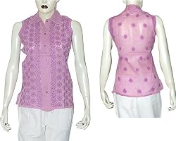 Womens Dress Shirt Cotton Sleeveless Top Blouse Chikan Embroidery Size XS (ctop442)