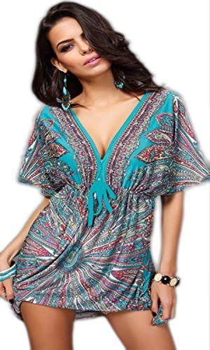 MiYang Women's Lace Short Sleeves Princess Dress Printing Beach Cover-up Green M
